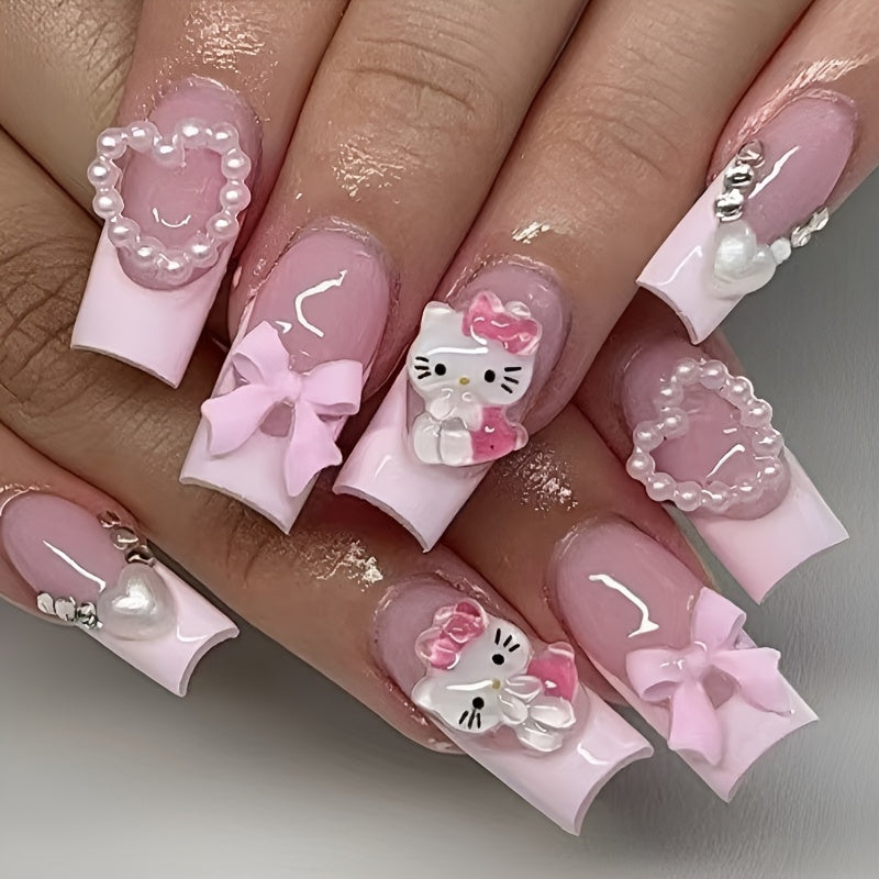 Glamorize Yourself with 24pcs Long Square Water Pipe Nails Cute 3D Hello Kitty Love Streamer Bow White French Full Cover False Nail Stickers Set, Gift for Women and Girls